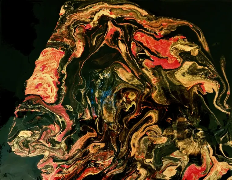 A dense marbled pour of dark green and black scattered with coral-red, cream, and gold, like the mineral bloodstone.