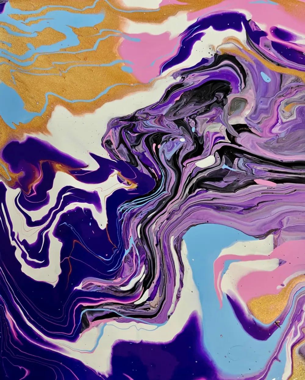 A turbulent multicolour pour with a gold-and-blue map-like region beside swirls of violet, white, and pink, like a river estuary seen from orbit.