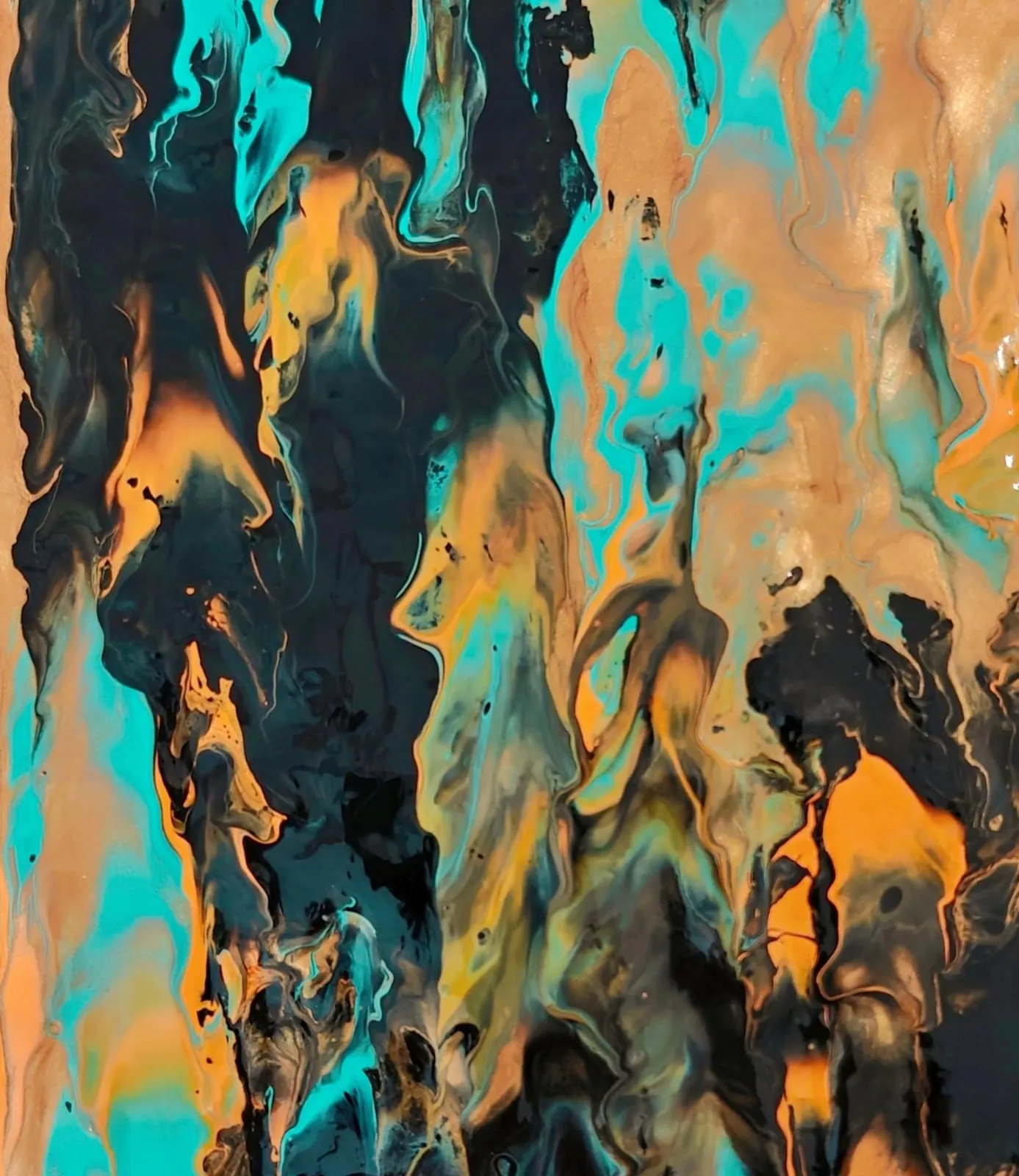 A vertical fluid pour of turquoise, copper-gold, and black rising in flame-like tongues.