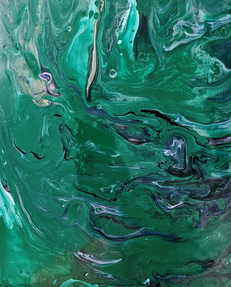 A deep jade-green pour with darker currents and thin violet and white streaks drifting horizontally across the canvas, like a slow green river seen from above.
