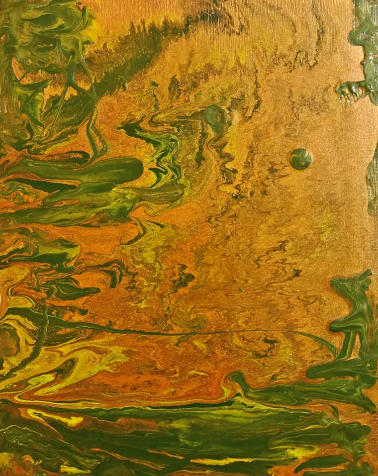Green, gold, and copper poured paint marbled into vertical, vein-like flows.