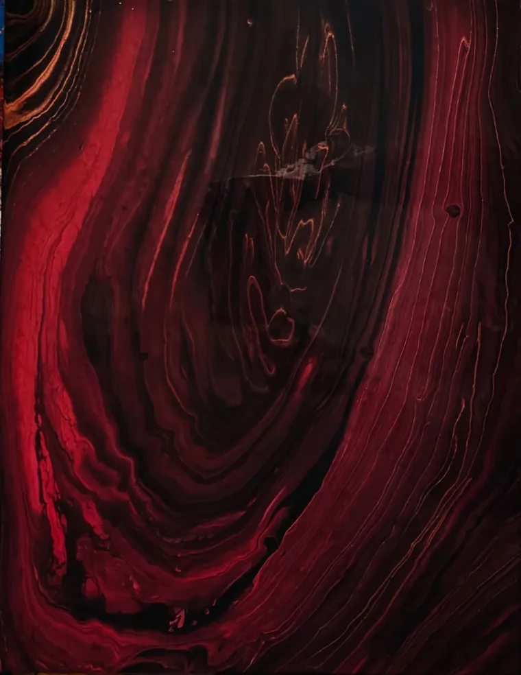 A close view of a poured painting in deep oxblood and crimson, the colour laid down in concentric bands like the grain of cut wood or the inside of a red agate, with fine threads of gold and black tracing the edges of each band.