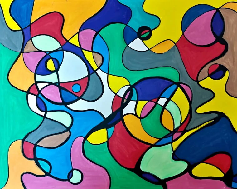 A vivid biomorphic abstract painting in which bold black outlines divide the canvas into interlocking organic cells of flat, saturated colour — yellow, cobalt, red, crimson, green, pink, and teal — with several circular, orbit-like motifs, like a fluid stained-glass window.