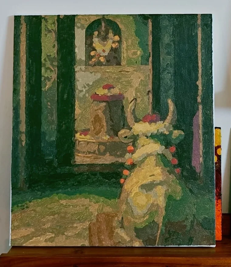 A thickly textured painting of a temple interior in deep greens and ochres: a garlanded Nandi bull in the foreground, seen from behind, facing a shivling on its pedestal in a lit niche, with marigolds and offerings laid before it.