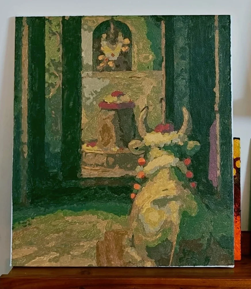 A thickly textured painting of a temple interior in deep greens and ochres: a garlanded Nandi bull in the foreground, seen from behind, facing a shivling on its pedestal in a lit niche, with marigolds and offerings laid before it.
