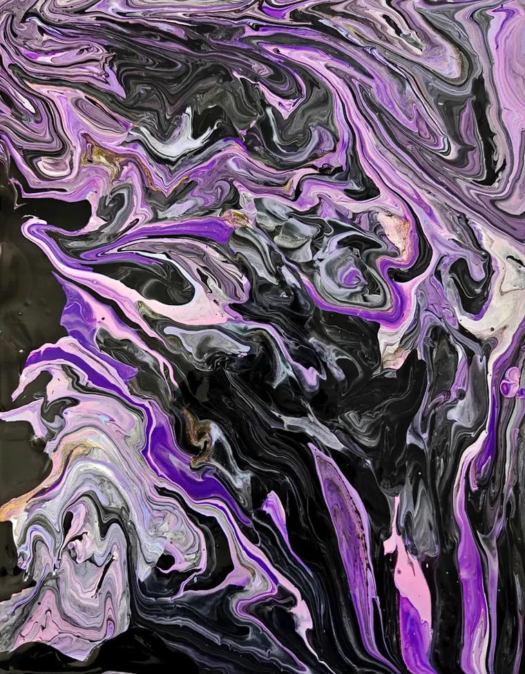 A dramatic marbled pour of black, violet, and silver-white swirling like a bloom unfolding in deep space.