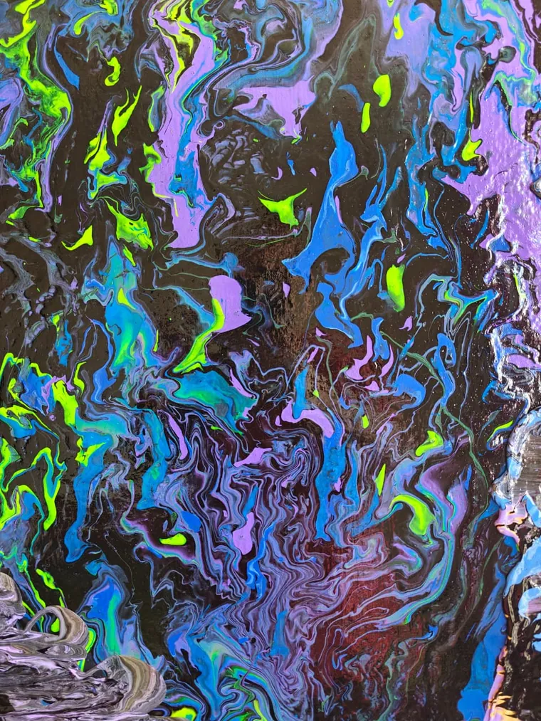 Detail of the painting: dense cellular marbling of blue, violet, and green over a near-black ground.