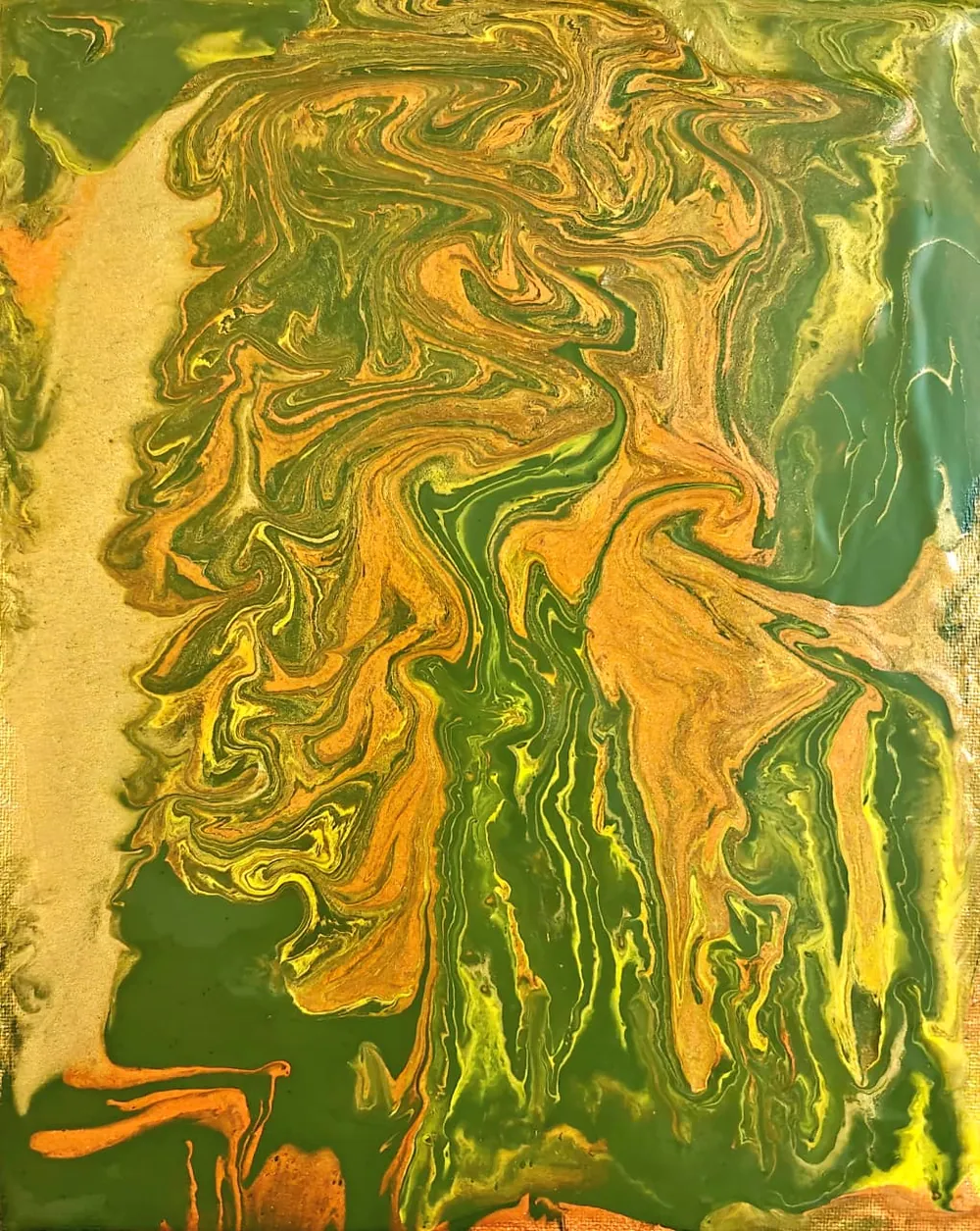 Green, gold, and orange poured paint rising in a molten central plume on a pale gold ground.