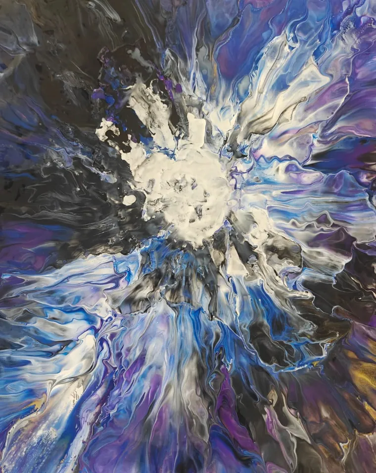 A white-hot burst of poured paint radiating into blue, violet, and black like an exploding star.