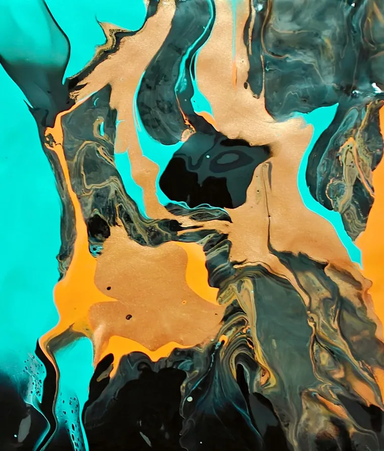 A glossy marbled pour of turquoise, metallic gold, orange, and black, like oxidised bronze.
