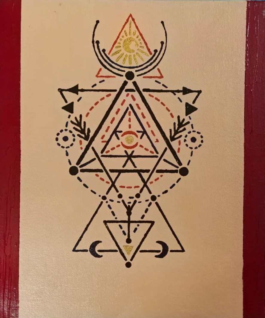 Hand-drawn alchemical line-work — an eye within nested triangles, a crescent and sun, arrows and dotted circles — in black and red on a pale gold panel.