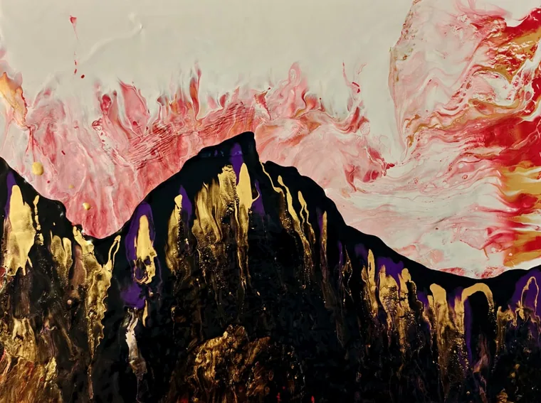 An abstract pour that reads as a mountain range: black, gold, and purple craggy peaks beneath a rose-and-cream dawn sky.