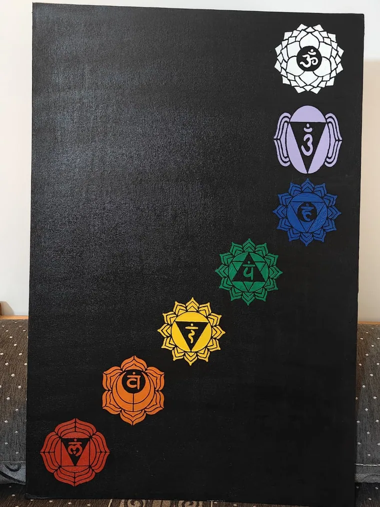 A photograph of a tall black canvas painted with the seven chakra symbols in an ascending diagonal, from the red root wheel at the base to the white crown wheel with the Aum at the top, leaning in a room.