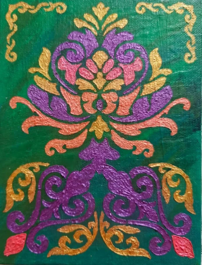 A baroque damask motif in purple, coral, and gold on an emerald ground.