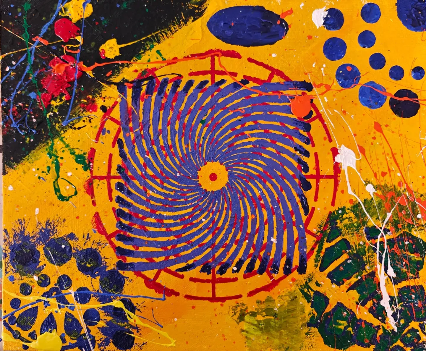 A blue-and-red spiral within a circle on an ochre ground, surrounded by spattered drips.