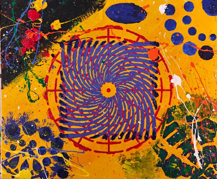 A blue-and-red spiral within a circle on an ochre ground, surrounded by spattered drips.