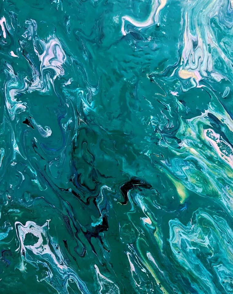 A turquoise and teal acrylic pour churning with white and pale blue crests and spray, with a vein of gold at the right, like surf caught mid-break.