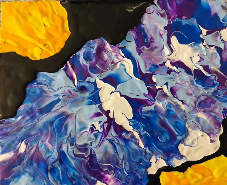 Blue, white, and purple cells of poured paint with black voids and gold corners.